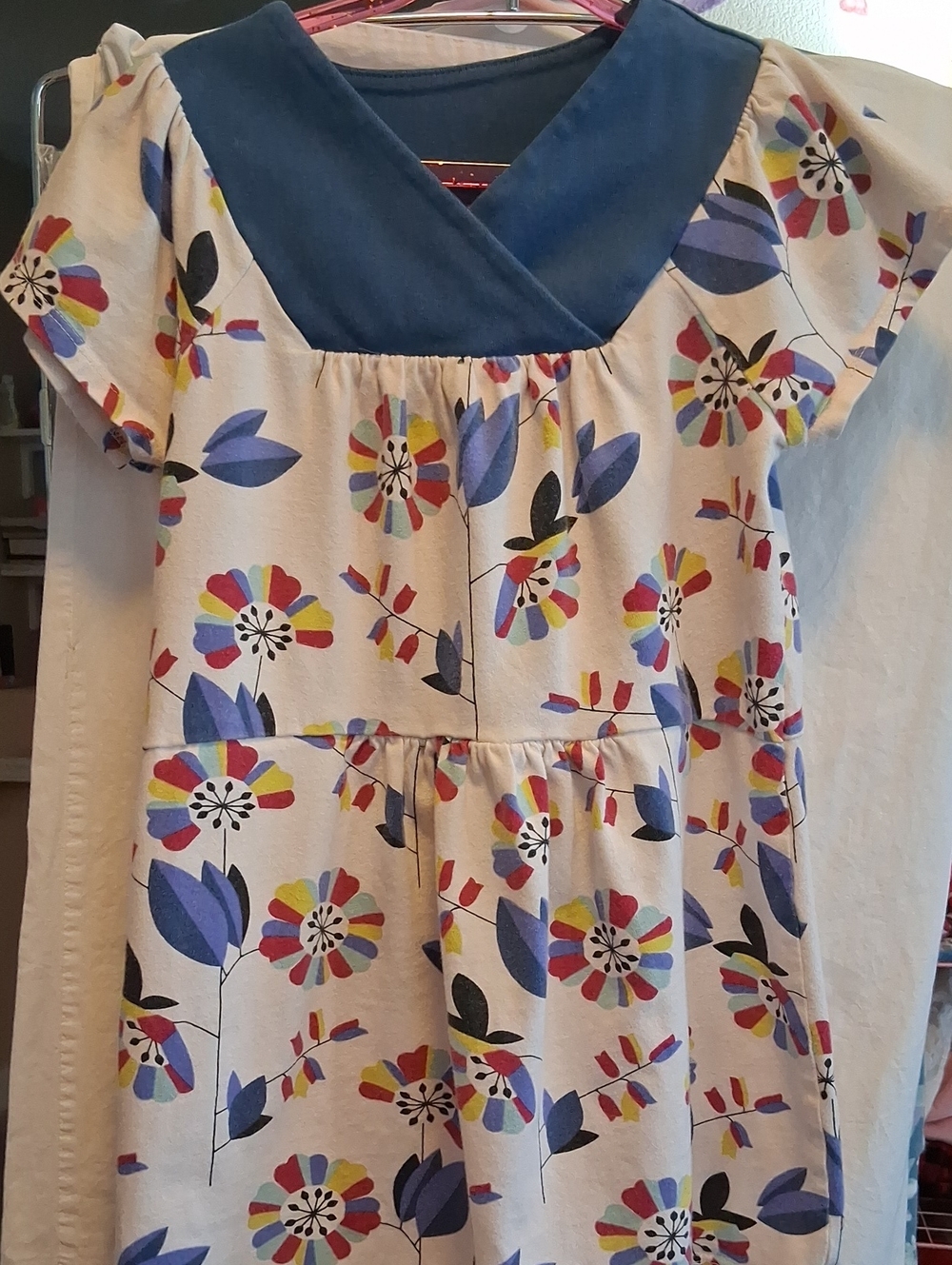 Tea Girls Casual Floral Dress with Blue Yoke and Multicolor Print